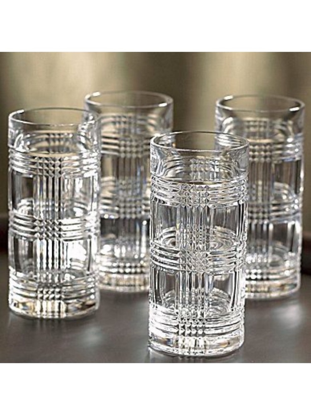 RARE Vintage Like New RALPH LAUREN CRYSTAL Glen Plaid Highball Glasses set of 4